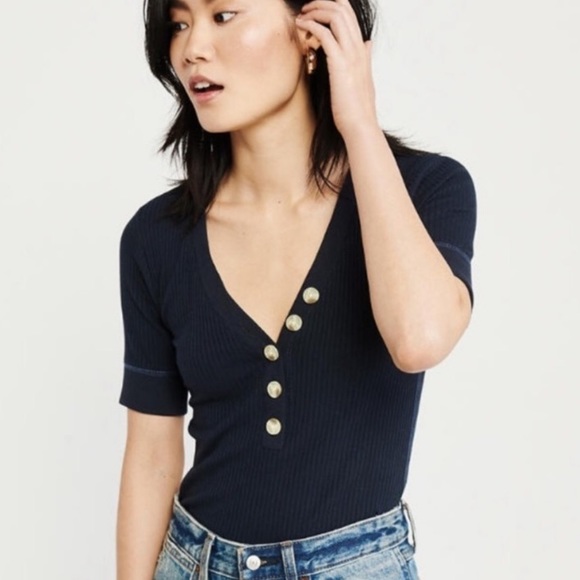 A&F Navy Ribbed Henley - Picture 2 of 6